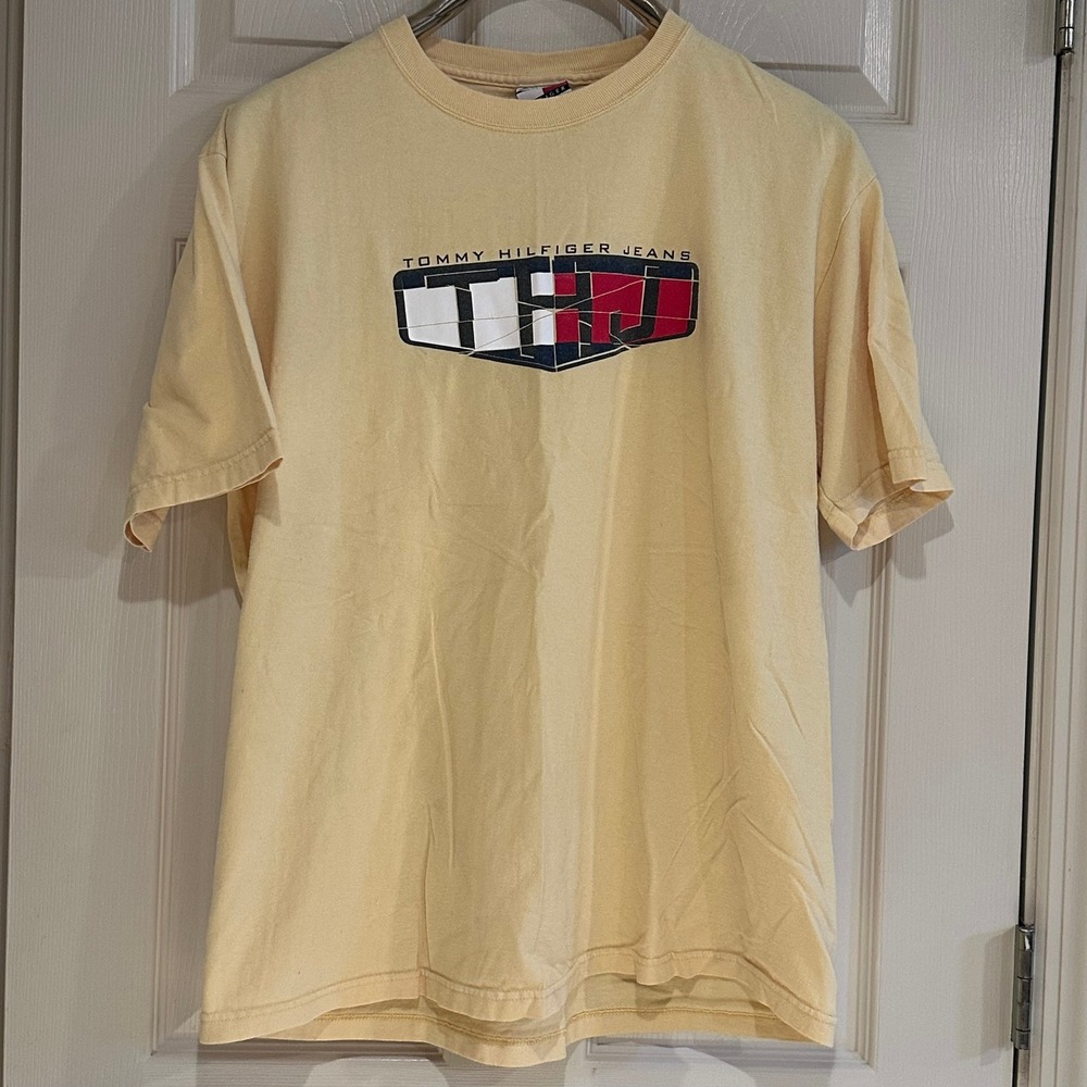 Vintage Tommy Hilfiger Jeans T-Shirt Yellow Graphic Logo Made‎ in USA Mens Large